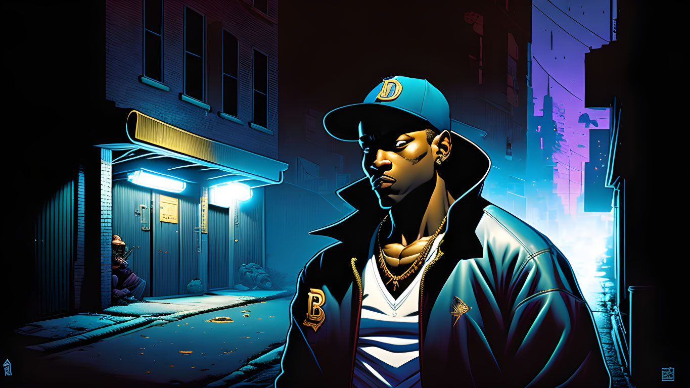 Stylized man in cap and jacket in dark alley with neon lights