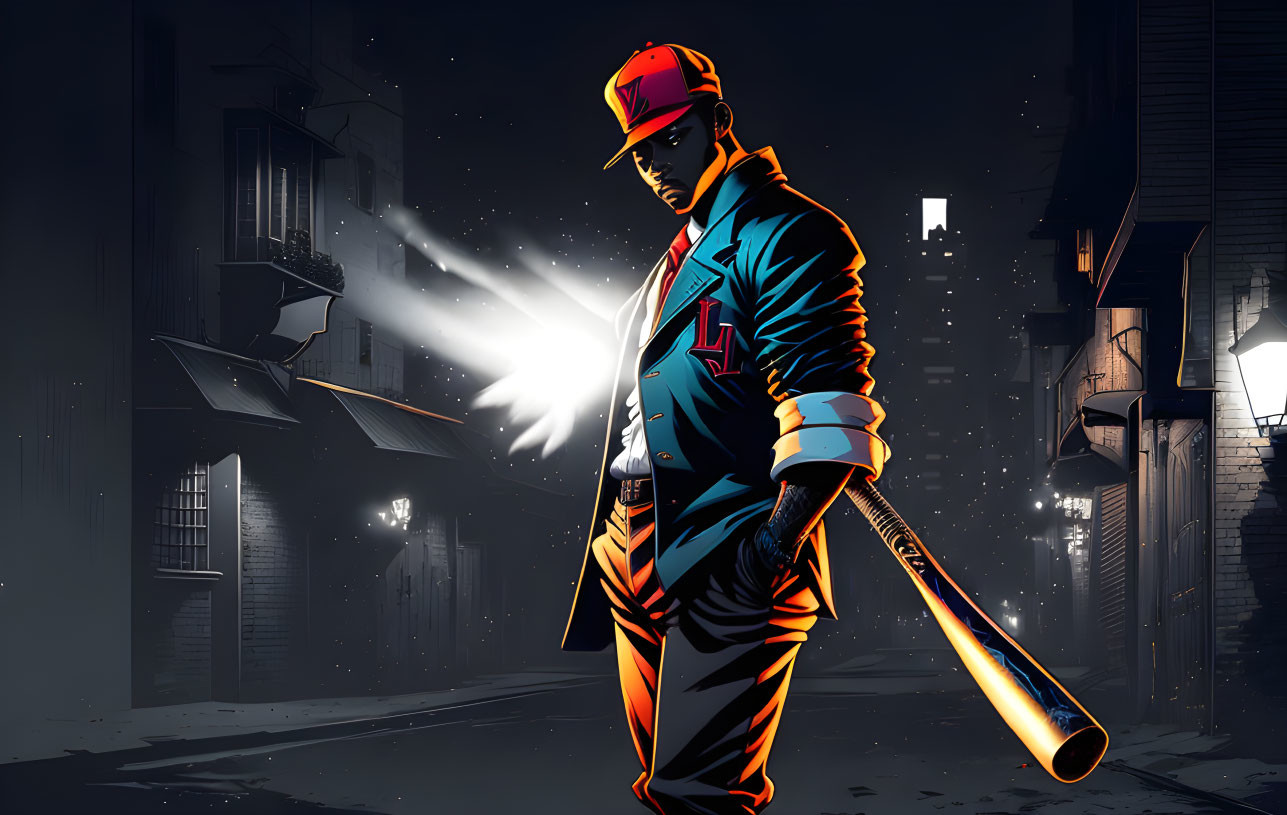 Colorful character in suit and hat with baseball bat in alleyway with backlight