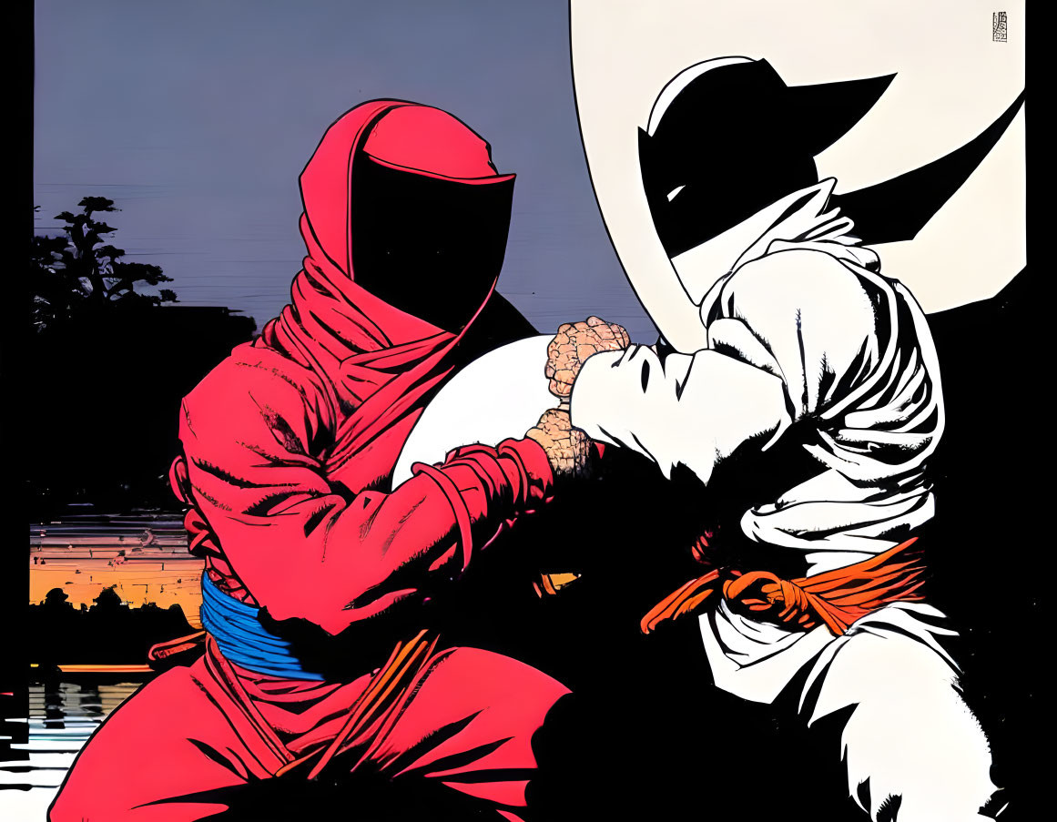 Comic book characters in red and white outfits in dramatic night-time confrontation