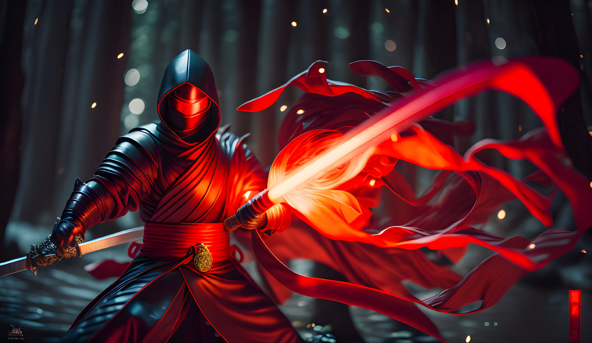 Illustration of masked ninja in red armor with sword in forest