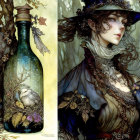 Floral-themed diptych with bottle and woman in hat