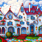 Colorful Stylized Houses with Red Roofs in Whimsical Illustration