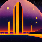 Stylized futuristic cityscape with skyscrapers, dome, and starry sky.