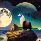 Stylized illustration of goat, bird, moon, planets, and castle on cliff