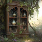 Vintage cabinet with glass doors in forest setting, displaying vases and curios among foliage and open book