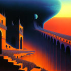 Surreal landscape with orange sky, castle-like structure, river, and giant planet