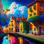 Colorful European Canal Scene Painting with Whimsical Architecture & Dreamy Clouds