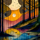 Vibrant geometric forest scene with moon, stars, and birds