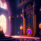 Opulent Gothic fantasy interior with purple and gold hues