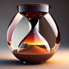 Hourglass with desert landscape: sand dunes, setting sun, solitary cactus