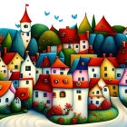Colorful painting of whimsical village with quirky houses and patterned trees in vibrant sky