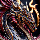 Detailed Dragon with Golden Horns and Red Accents on Dark Background