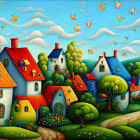 Colorful painting of whimsical village scene with rolling hills and butterflies