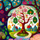 Colorful Tree Painting with Birdhouses and Floral Landscape