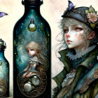 Split Illustration: Girl in Bottle with Butterfly & Girl with Floral Clockwork Decor