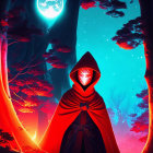 Mysterious figure in red cloak with glowing mask in mystical forest at night