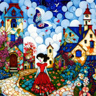 Colorful portrait of woman with red lips and floral hat in whimsical village scene
