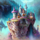 Enchanting castle on steep cliff with warm lights, mystical forest, tranquil lake