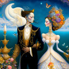 Regal couple with peacock, candles, and floating islands in fantastical illustration