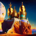 Golden domed palace on floating rock island with alien landscape and hot air balloons