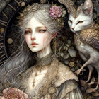 Fantastical portrait of pale woman with flowing hair and regal cat