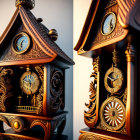 Intricate Wooden Cuckoo Clock with Carvings and Gold Accents