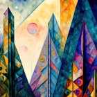 Colorful Abstract Geometric Painting with Triangles and Swirls