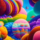 Colorful digital artwork: Whimsical landscapes, swirling patterns, floating balloons, dreamlike architecture,