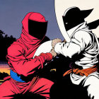 Comic book characters in red and white outfits in dramatic night-time confrontation