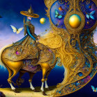 Golden horse and rider with ornate designs in whimsical illustration