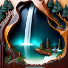 Waterfall landscape in wooden frame with lush trees and blue pool