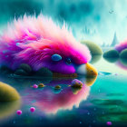 Colorful Fluffy Creature Resting by Serene Lake