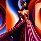 Vibrant illustration of woman in red dress with abstract backdrop