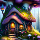 Mystical mushroom house in night forest with colorful mushrooms