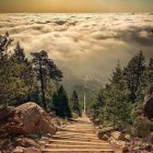 Grand Staircase in Fantasy Landscape with Clouds, Trees, and Mountains