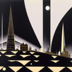 Futuristic cityscape illustration with Art Deco style at night