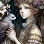 Fantasy illustration of girl with floral adornments holding winged fox