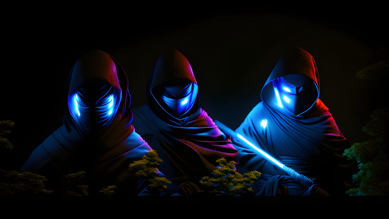 Mysterious figures in hooded cloaks with illuminated masks in dark setting