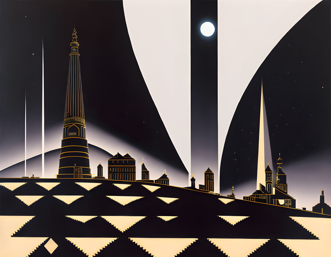 Futuristic cityscape illustration with Art Deco style at night