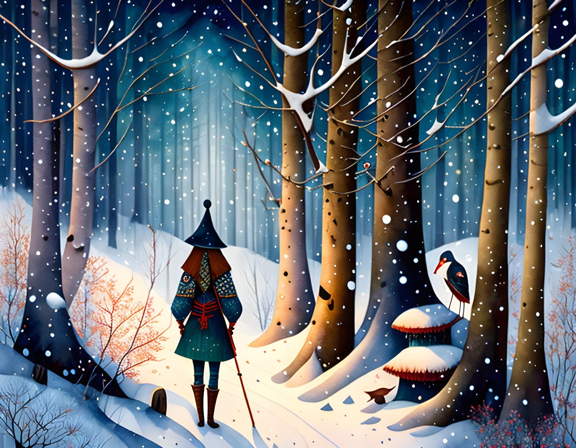 Solitary figure in traditional garb in snowy forest with bare trees and red-crowned bird