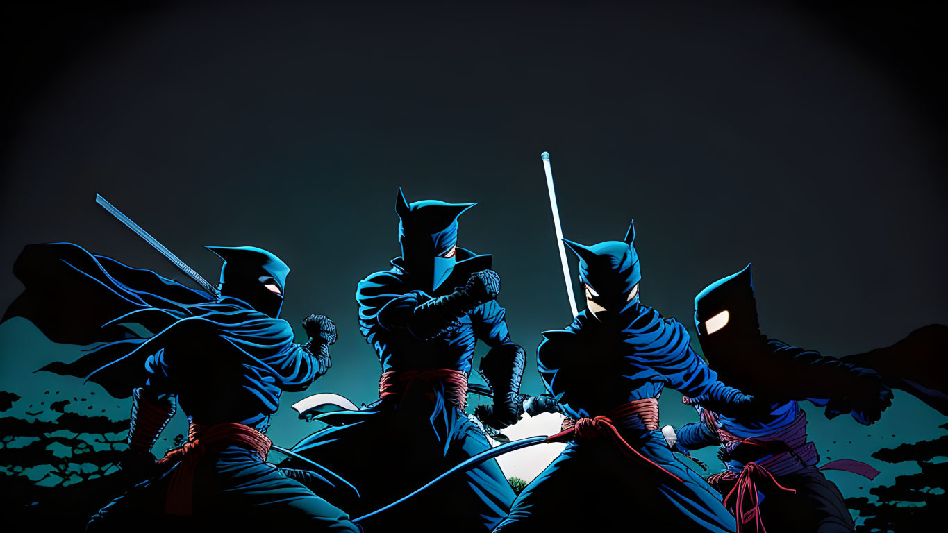 Dynamic ninja characters with swords in blue and black color scheme