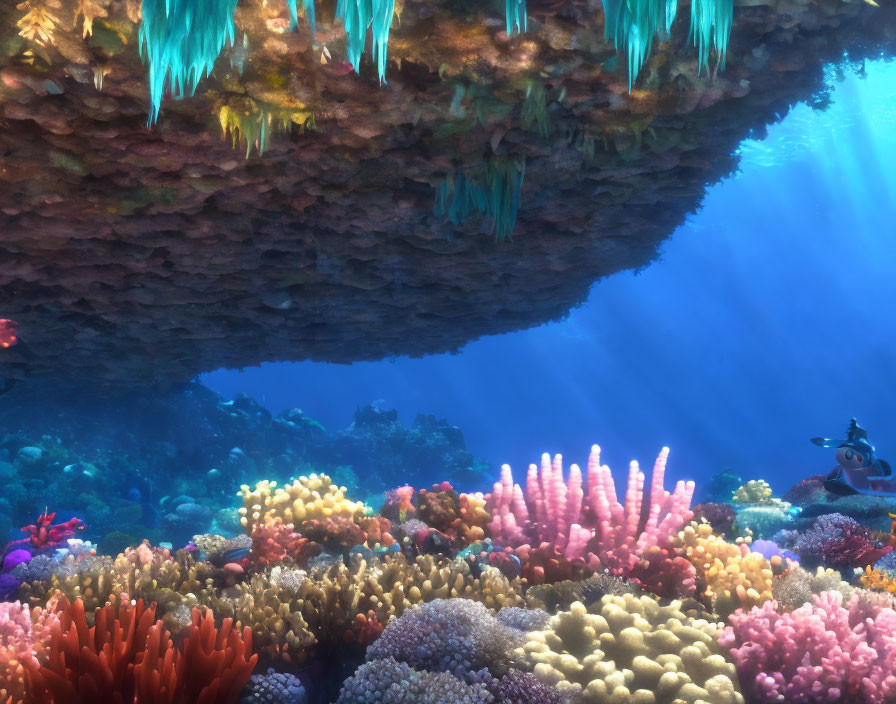 Colorful Coral Formations and Fish in Ethereal Underwater Scene