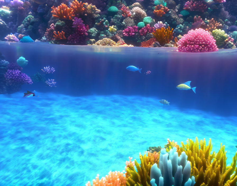 Colorful Coral Formations and Tropical Fish in Vibrant Underwater Scene