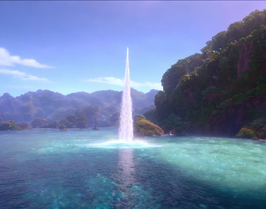 Tranquil landscape with tall water fountain in blue lake surrounded by greenery and mountains