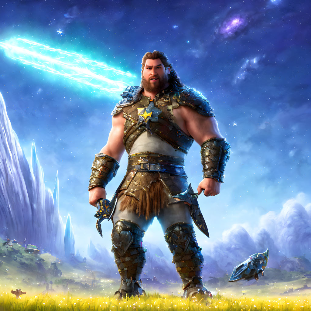 Muscular fantasy warrior with a beard and hammer in lush landscape with comet.