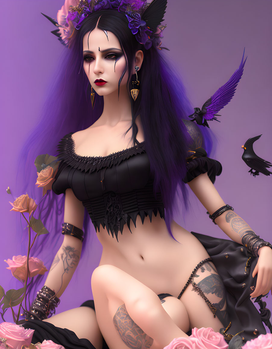 Dark-haired woman in gothic fantasy art with roses, ravens, purple background