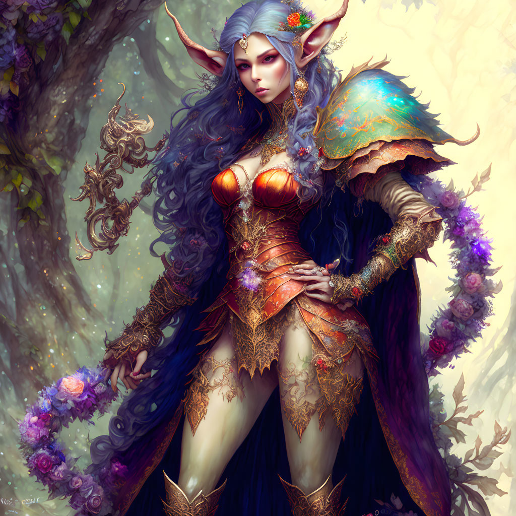 Ethereal elf with violet eyes and blue hair in orange armor and purple floral accents