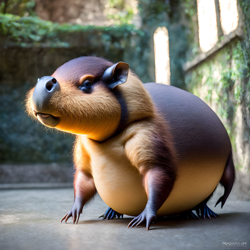 Cartoonish oversized capybara on path with round body.