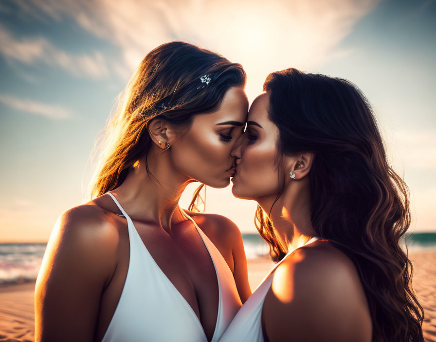 Romantic sunset beach kiss between two women