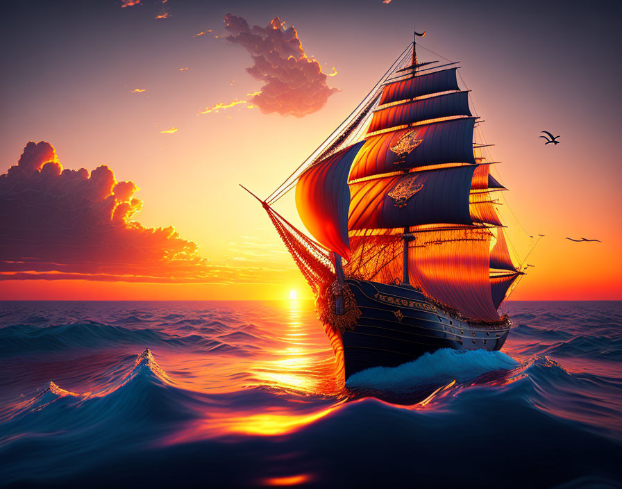 Majestic sailing ship with billowing sails at sunset on the ocean